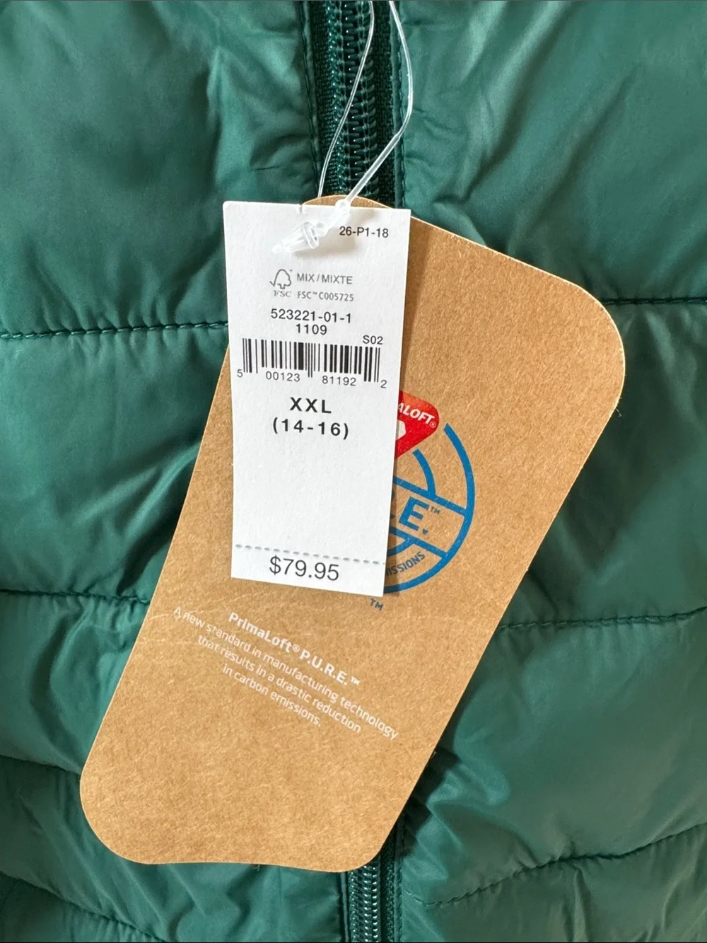 GAP Kids Lightweight Recycled Primaloft Puffer Jacket XXL 14-16 Balsam Tree
